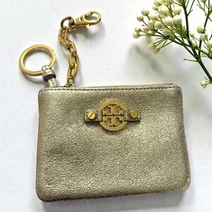 TORY BURCHt Keychain Wallet Silver & Gold Metallic Zip FAST SHIPPING 3239